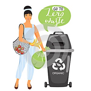 Recycling concept. Woman sort garbage into containers for recycling.