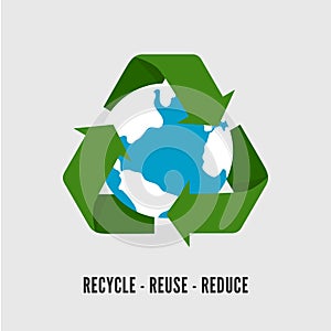 Recycling Earth concept. Flat illustration of recycle arrows with planet globe isolated on white