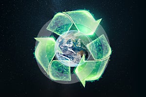 Recycling. Eco recycling green symbol. Recycling sign on the background of the globe