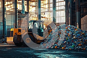 Recycling Facility: A Front-End Loader Confronts a Plastic Mountain at Sunset