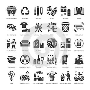 Recycling flat glyph icons. Pollution, recycle plant. Garbage sorting types - paper, glass, plastic, metal, flammable
