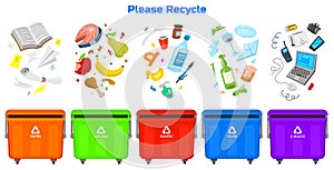 Recycling garbage elements. Bag or containers or cans for different trashes. Sorting and Utilize food waste. Ecology