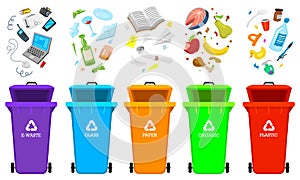 Recycling garbage elements. Bag or containers or cans for different trashes. Sorting and Utilize food waste. Ecology