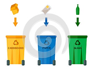 Different recycling garbage waste types sorting processing, treatment remaking trash utilize icons vector illustration. photo