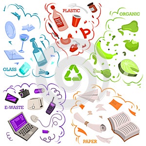 Recycling garbage elements. Sorting and Utilize food waste, metal, paper, plastic, battery, glass, organic. Ecology