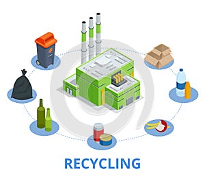 Recycling garbage elements trash bags tires management industry utilize waste can vector illustration. photo