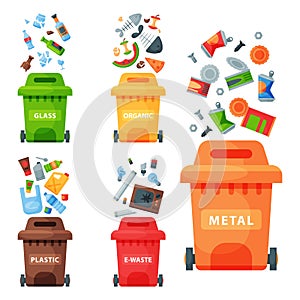 Recycling garbage elements trash bags tires management industry utilize waste can vector illustration.