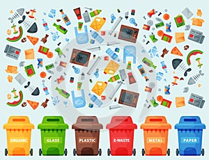 Recycling garbage elements trash bags tires management industry utilize waste can vector illustration. photo
