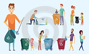 Recycling garbage. People sorting waste protect environment garbage separation process vector characters