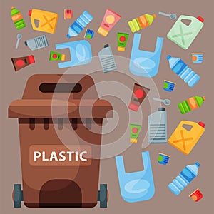 Recycling garbage plastic elements trash tires management industry utilize waste can vector illustration.