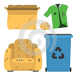 Recycling garbage vector trash bags tires management ecology industry garbage utilize concept waste sorting illustration photo