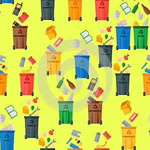 Recycling garbage waste sorting processing seamless pattern background treatment remaking trash utilize icons vector