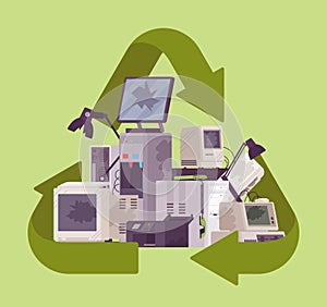 Recycling green symbol for electronic appliances waste trash pile