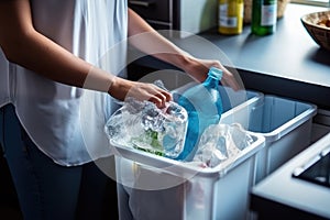 Recycling at home, sustainable lifestyle. Woman hands throws plastic trash to container for sorting garbage