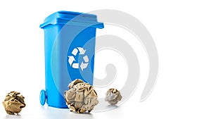 Recycling icon. Bin container for disposal garbage waste and save environment. Blue dustbin for recycle paper trash isolated on