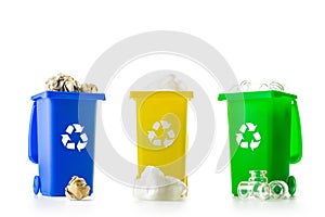 Recycling icon. Bin container for disposal garbage waste and save environment. Yellow, green, blue dustbin for recycle plastic,