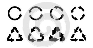 Recycling icon set. Black eco circle and triangles with arrows, emblems for labels collection, packaging reuse