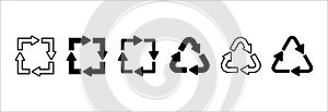 Recycling icon set. Triangle and square recycle symbol vector icon set. Circle reusable material eco friendly sign design. Vector