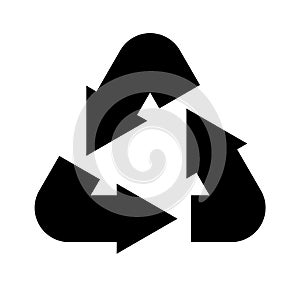 Recycling icon. Simple black environmental label, eco triangle emblem with arrows, packaging reuse ecological symbol