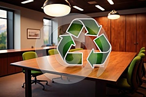 Recycling icon symbol in corporate business office, company environmental policy
