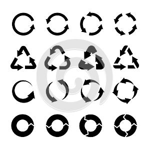 Recycling icons. Black circle arrows environmental labels. Bio garbage, biodegradable waste and reuse trash, ecology