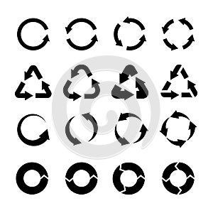 Recycling icons. Black circle arrows environmental labels. Bio garbage, biodegradable waste and reuse trash, ecology photo