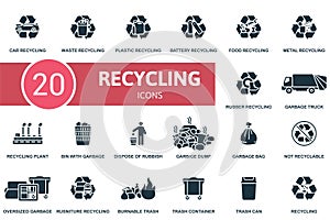 Recycling icons set. Creative icons: car recycling, waste recycling, plastic recycling, battery recycling, food