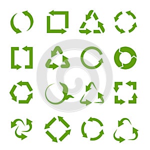 Recycling icons. Various green circle arrow symbols. Waste reuse recycle, garbage and biodegradable trash, ecology