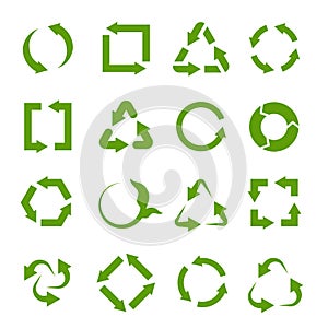 Recycling icons. Various green circle arrow symbols. Waste reuse recycle, garbage and biodegradable trash, ecology photo