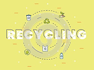 Recycling lettering around set icons package yellow isolated background with modern flat color cartoon style