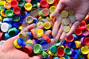 Recycling Lids From Plastic Bottles for money. Cap material is recyclable. Get paid for plastic recycling. Cash from trash. Waste