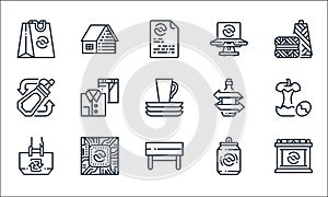 recycling line icons. linear set. quality vector line set such as batteries, bench, tote bag, softdrinks can, processor, sauce