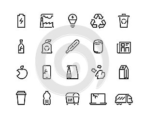 Recycling line icons. Plastic waste trash recycle container paper bin paper bag organic rubbish. Environmental pollution