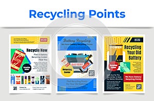 Recycling old battery poster set vector illustration. Utilization, garbage disposal template design