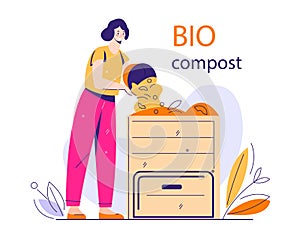 Recycling of organic kitchen and garden waste. A young woman puts garbage in the compost bin. Composting concept. Vector