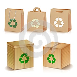 Recycling Paper Bags And Boxes. Realistic Blank Ecologic Craft Package. Illustration Of Recycled Brown Shopping Paper