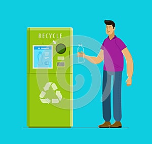 Recycling. People put bottles in vending machine. Reuse vector illustration