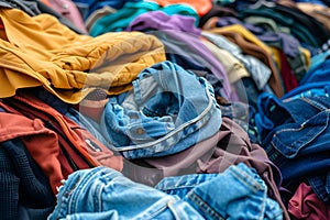 Recycling pile of used clothing textiles from fast fashion industry. Concept Fast fashion waste,