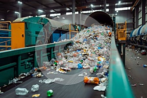 Recycling plant scene Conveyor belt with a pile of waste