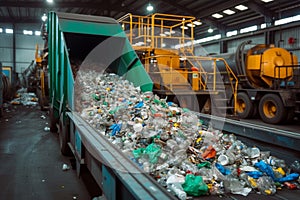 Recycling plant scene Conveyor belt with a pile of waste