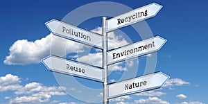 Recycling, pollution, environment, reuse, nature - signpost with five arrows