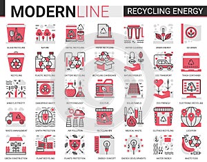 Recycling Renewable green energy complex red black flat line icons set vector illustration
