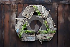 Recycling sign is created from wood. Environmental protection, recycle, ecology, concept