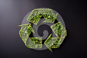 Recycling sign made of grass on dark background. Environmental protection, ecology, recycling concept