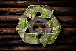 Recycling sign made of green paper on wooden background. Environmental protection, ecology, recycling concept