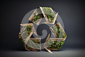 Recycling sign made of wood and leaves on black background. Environmental protection, ecology, recycling concept