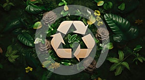 Recycling sign surrounded by green leaves and flowers on dark background
