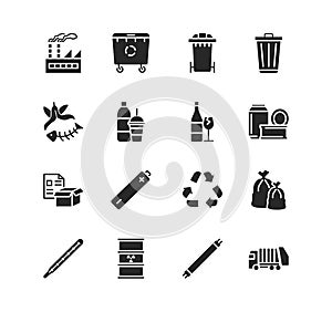 Recycling and sorting of waste glyph flat icon set. Garbage sorting. Vector illustration trash, factory, garbage truck