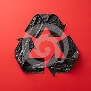 Recycling symbol consisting of black plastic bags on red background