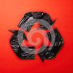 Recycling symbol consisting of black plastic bags on red background